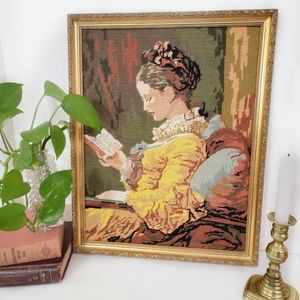 Vintage handmade framed needlepoint Victorian fragonard reading book Jane austen